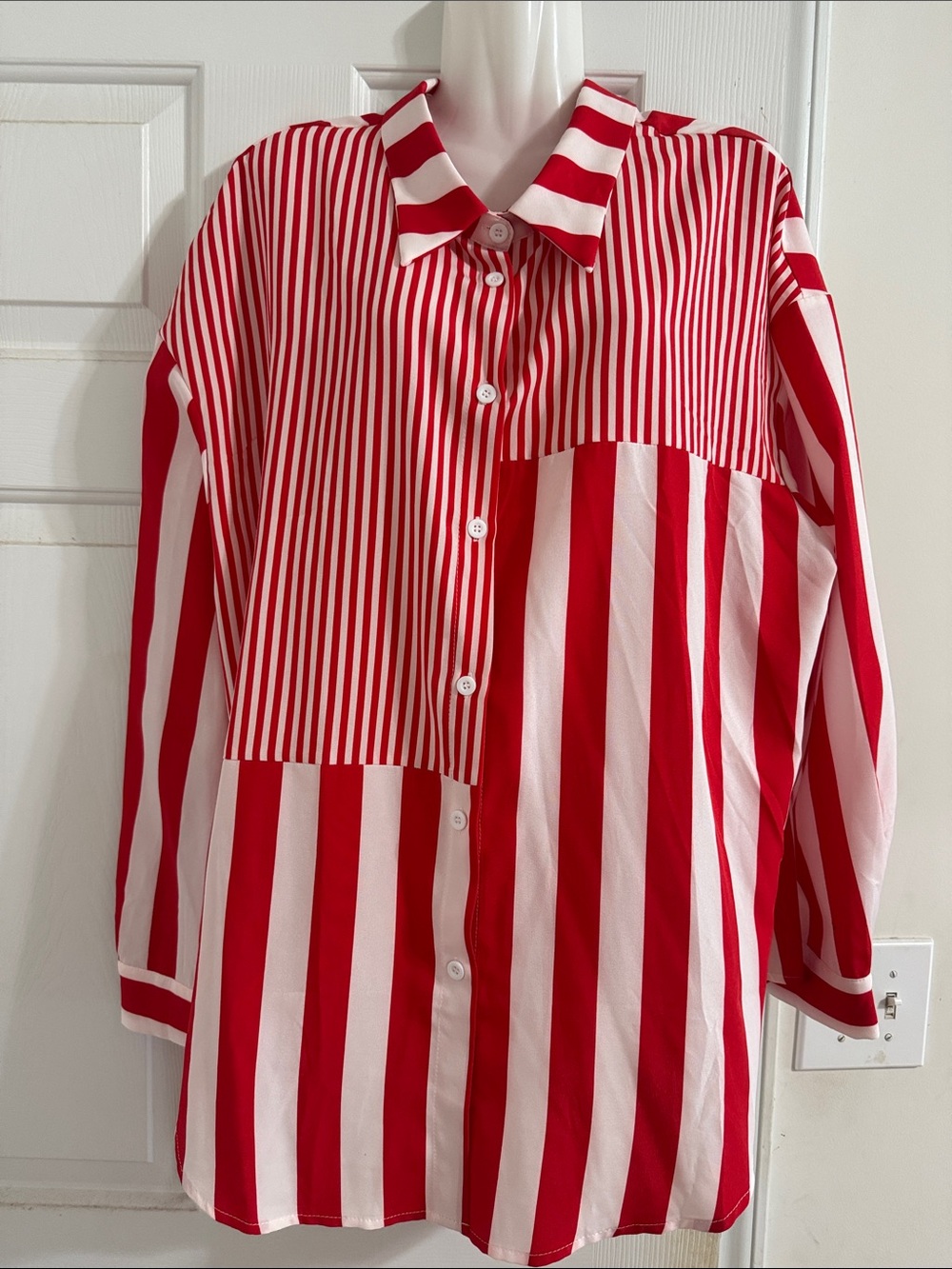 SHEIN Red & White Mixed Stripe Button-Down Shirt